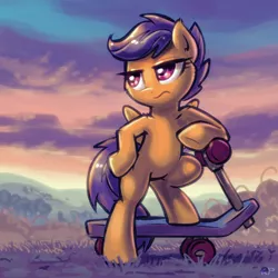 Size: 1600x1600 | Tagged: safe, artist:kp-shadowsquirrel, derpibooru import, scootaloo, pony, bipedal, scooter, solo, standing, unamused