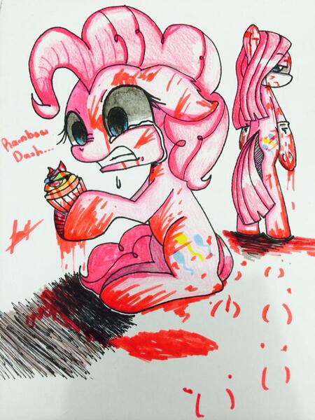 Size: 720x960 | Tagged: artist:theoneandowly, blood, derpibooru import, duality, fanfic:cupcakes, grimdark, pinkamena diane pie, pinkie pie, regret, sad