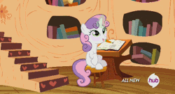 Size: 480x260 | Tagged: safe, derpibooru import, screencap, sweetie belle, twilight time, animated, broom, hubble, hub logo, journal, magic, mouth hold, pencil, solo, sweetie belle's magic brings a great big smile, the hub