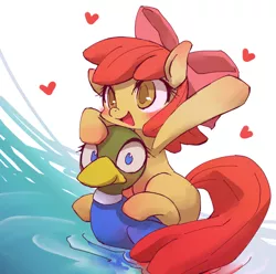 Size: 800x794 | Tagged: safe, artist:kolshica, derpibooru import, apple bloom, duck, earth pony, pony, twilight time, adorabloom, blushing, cute, female, filly, floaty, heart, inflatable, looking at you, open mouth, riding, rubber duck, simple background, sitting, smiling, solo, water, waving, white background, wide eyes