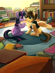 Size: 2710x3615 | Tagged: artist:r0b0tassassin, book, commission, derpibooru import, eye contact, golden oaks library, kingdom hearts, kingdom hearts of harmony, library, ponified, safe, sitting, smiling, sora, spread wings, twilight sorakle, twilight sparkle