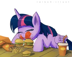 Size: 1000x800 | Tagged: dead source, safe, artist:raikoh, derpibooru import, twilight sparkle, twilight sparkle (alicorn), alicorn, pony, twilight time, :t, adorkable, aweeg*, burger, cute, dork, eating, eyes closed, female, food, french fries, hay burger, hay fries, ketchup, mare, messy, messy eating, puffy cheeks, scene interpretation, smiling, solo, that pony sure does love burgers, that pony sure does love hay fries, twiabetes, twilight burgkle, twilight slobble