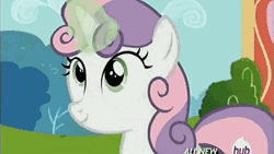 Size: 576x324 | Tagged: animated, cute, derpibooru import, diasweetes, giggling, hubble, hub logo, magic, safe, screencap, solo, sweetie belle, the hub, twilight time