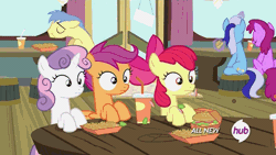 Size: 576x324 | Tagged: animated, apple bloom, berry punch, berryshine, burger, cup, cutie mark crusaders, derpibooru import, drink, eating, french fries, goldengrape, hay burger, hay fries, hubble, hub logo, implied twilight sparkle, levitation, magic, minuette, safe, scootaloo, screencap, sir colton vines iii, sweetie belle, the hub, twilight burgkle, twilight time