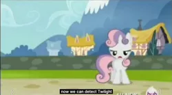 Size: 848x470 | Tagged: safe, derpibooru import, screencap, sweetie belle, pony, unicorn, twilight time, d:, female, filly, frown, hub logo, lidded eyes, meme, open mouth, solo, unamused, youtube caption