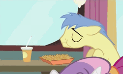 Size: 451x273 | Tagged: animated, background characters doing background things, derpibooru import, drink, eating, food, forever alone, goldengrape, hay burger, hay fries, hubble, hub logo, lonely, meme, safe, scootaloo, screencap, sir colton vines iii, sweetie belle, table, the hub, twilight time