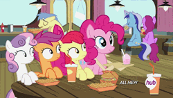 Size: 576x324 | Tagged: animated, apple bloom, berry punch, berryshine, burger, cutie mark crusaders, derpibooru import, drink, french fries, goldengrape, hay fries, hubble, hub logo, minuette, pinkie pie, safe, scootaloo, screencap, sir colton vines iii, sweetie belle, the hub, twilight time