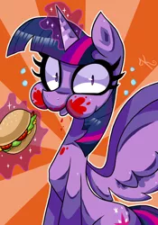 Size: 583x833 | Tagged: safe, artist:kaliptro, derpibooru import, twilight sparkle, twilight sparkle (alicorn), alicorn, pony, twilight time, burger, caught, eating, female, food, hay burger, ketchup, magic, mare, messy, messy eating, puffy cheeks, solo, that pony sure does love burgers, twilight burgkle, twilight slobble