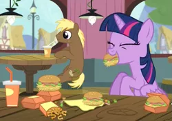 Size: 699x492 | Tagged: safe, derpibooru import, screencap, coco crusoe, twilight sparkle, twilight sparkle (alicorn), alicorn, pony, twilight time, adorkable, burger, cute, dork, eating, female, food, french fries, gentlemen, hay burger, hay fries, male, mare, onion horseshoes, that pony sure does love burgers, that pony sure does love hay fries, twiabetes, twilight burgkle, twilight slobble