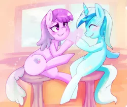 Size: 1000x843 | Tagged: artist:girlieginger, berrygate, berry punch, berryshine, derpibooru import, eyelashes, eyes closed, female, grin, happy, heart, lesbian, minuette, safe, sitting, smiling, sparkles, stool