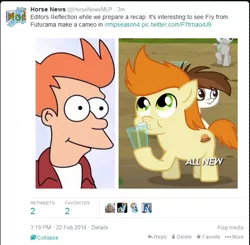 Size: 593x580 | Tagged: 4chan, all new, derpibooru import, futurama, gallop j. fry, horse news, look-alike, /mlp/, philip j. fry, pipsqueak, safe, train tracks (character), twilight time, twitter