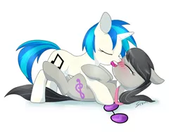 Size: 1280x960 | Tagged: suggestive, artist:sion, derpibooru import, octavia melody, vinyl scratch, blushing, drool, female, french kiss, kissing, lesbian, scratchtavia, shipping, sloppy kissing