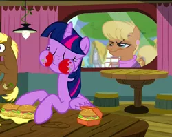 Size: 1358x1080 | Tagged: safe, artist:twilightshadowart, derpibooru import, edit, edited screencap, screencap, coco crusoe, ms. harshwhinny, twilight sparkle, twilight sparkle (alicorn), alicorn, pony, twilight time, burger, female, hay burger, ketchup, mare, messy, messy eating, professionalism, that pony sure does love burgers, twilight burgkle, twilight slobble, unprofessional