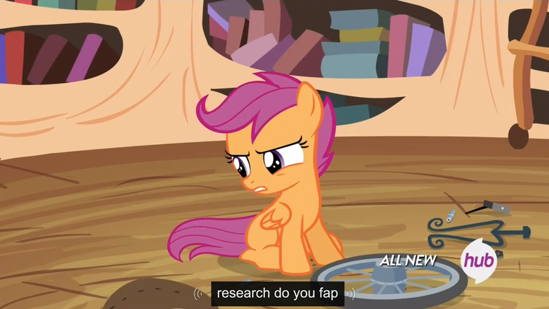 Size: 1440x810 | Tagged: suggestive, derpibooru import, edit, edited screencap, screencap, scootaloo, twilight time, all new, caption, hub logo, meme, solo, text, youtube caption