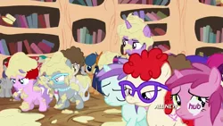 Size: 1023x575 | Tagged: safe, derpibooru import, screencap, apple bloom, diamond tiara, first base, gallop j. fry, liza doolots, petunia, ruby pinch, scootaloo, silver spoon, super funk, sweetie belle, tootsie flute, tornado bolt, twilight sparkle, twilight sparkle (alicorn), twist, alicorn, pony, twilight time, cutie mark crusaders, disappointed, female, hub logo, mare