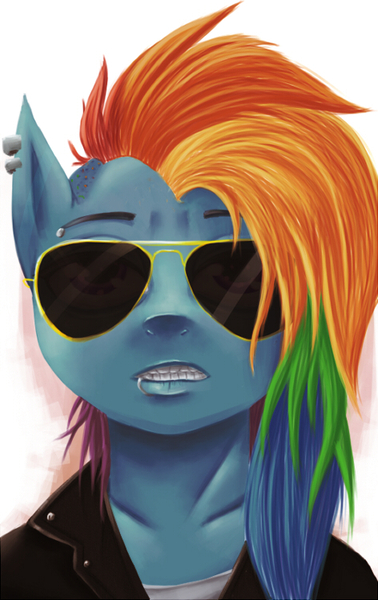 Size: 472x750 | Tagged: artist:potheadsam, badass, clothes, derpibooru import, jacket, piercing, portrait, rainbow dash, safe, solo, sunglasses, undercut