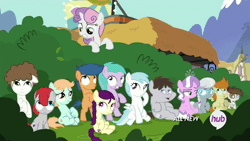Size: 640x360 | Tagged: safe, derpibooru import, screencap, aura (character), boysenberry, cotton cloudy, diamond tiara, first base, gallop j. fry, peach fuzz, pipsqueak, silver spoon, super funk, sweetie belle, train tracks (character), truffle shuffle, earth pony, pony, twilight time, animated, colt, female, filly, hub logo, male, pouting, sweetie belle is not amused