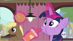 Size: 1315x744 | Tagged: safe, derpibooru import, screencap, twilight sparkle, twilight sparkle (alicorn), alicorn, pony, twilight time, burger, female, glowing horn, magic, mare, that pony sure does love burgers, twilight burgkle