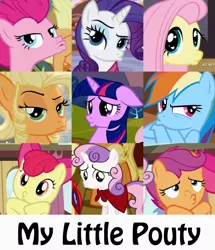 Size: 900x1048 | Tagged: safe, derpibooru import, edited screencap, screencap, apple bloom, applejack, fluttershy, mare do well, pinkie pie, rainbow dash, rarity, scootaloo, sweetie belle, twilight sparkle, pony, filli vanilli, hurricane fluttershy, one bad apple, pinkie apple pie, simple ways, suited for success, the mysterious mare do well, twilight time, applejewel, compilation, cropped, cutie mark crusaders, duckface, female, filly, mane six, mare, o3o, pouting