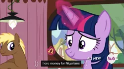 Size: 589x331 | Tagged: safe, derpibooru import, screencap, coco crusoe, twilight sparkle, twilight sparkle (alicorn), alicorn, pony, twilight time, 419 scam, female, hub logo, mare, meme, youtube caption