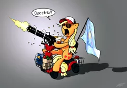 Size: 2368x1647 | Tagged: safe, artist:dori-to, derpibooru import, applejack, ponified, pony, apple, baseball cap, beer, dialogue, doritos, equestrian flag, female, flag, gradient background, gun, hat, minigun, murica, parody, questria, redneck, scooter, solo, weapon, zap apple jam