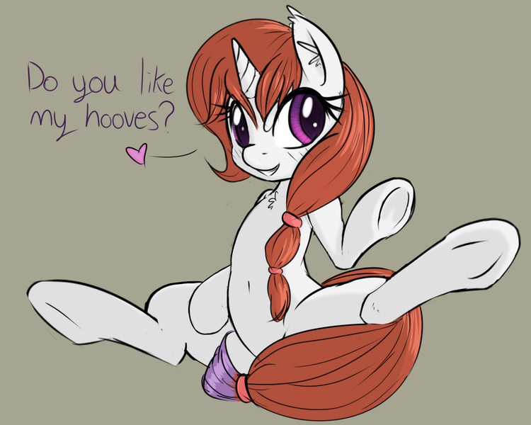 Size: 1500x1200 | Tagged: suggestive, artist:aryanne, artist:rainbow-dosh, derpibooru import, oc, oc:blank canvas, unofficial characters only, pony, unicorn, belly button, covering, dialogue, female, gray background, hairband, heart, hoof fetish, hooves, horn, mare, simple background, solo, solo female, spread legs, tail band, tail covering, underhoof, violet eyes