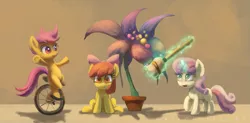 Size: 1409x696 | Tagged: safe, artist:raikoh, derpibooru import, apple bloom, scootaloo, sweetie belle, twilight time, broom, cutie mark crusaders, magic, plant, riding, unicycle