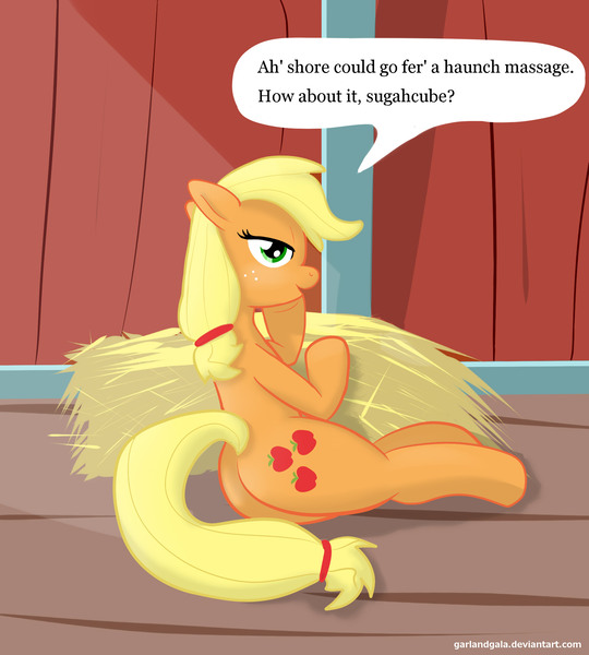 Size: 1744x1936 | Tagged: applejack, artist:garlandgala, barn, derpibooru import, female, haunches, hay, plot, seductive, sexy, side, solo, solo female, stupid sexy applejack, suggestive