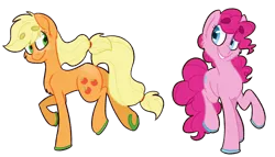 Size: 1280x733 | Tagged: safe, artist:flower-power-love, derpibooru import, applejack, pinkie pie, earth pony, pony, beanbrows, cutie mark, duo, eyebrows, female, hooves, horseshoes, looking at each other, simple background, smiling, trotting, wingding eyes