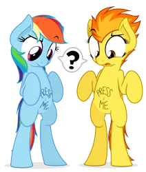 Size: 4233x5000 | Tagged: safe, artist:zutheskunk, derpibooru import, rainbow dash, spitfire, pony, .svg available, absurd resolution, belly button, bipedal, body writing, confused, cute, cutefire, dashabetes, duo, frown, literal, pictogram, question mark, raised eyebrow, simple background, speech bubble, this will end in tickles, transparent background, vector