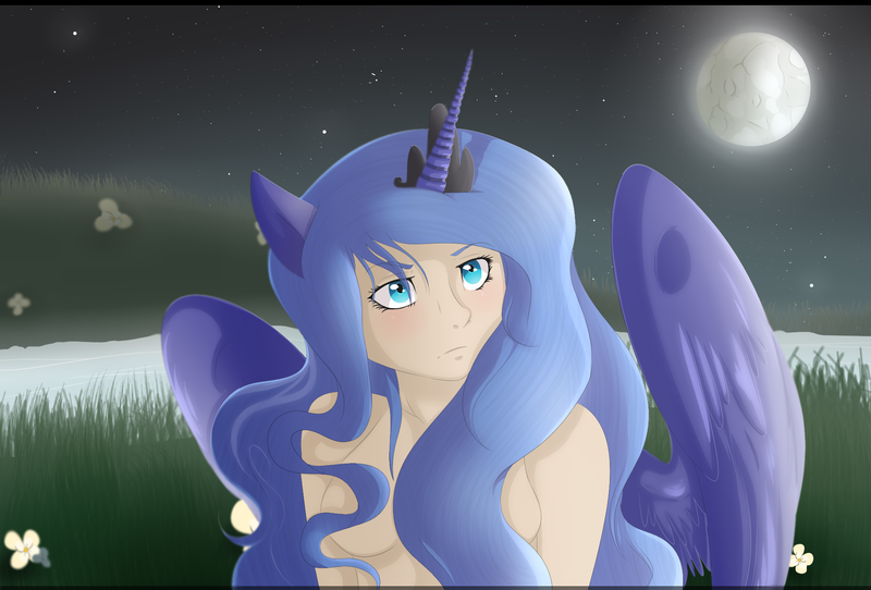 Size: 1990x1348 | Tagged: artist:mrxbluexkarlyle, breasts, derpibooru import, eared humanization, female, frown, grass, horned humanization, human, humanized, light skin, looking up, moon, night, nudity, pony ears, princess luna, river, s1 luna, solo, solo female, strategically covered, suggestive, water, winged humanization