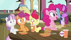 Size: 1920x1080 | Tagged: safe, derpibooru import, screencap, apple bloom, berry punch, berryshine, goldengrape, minuette, pinkie pie, scootaloo, sir colton vines iii, sweetie belle, twilight time, hay burger, hub logo