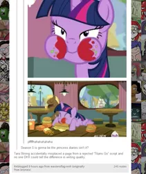 Size: 623x737 | Tagged: safe, derpibooru import, coco crusoe, twilight sparkle, twilight sparkle (alicorn), alicorn, earth pony, pony, twilight time, burger, cr, cr is trying to start shit, french fries, horseshoe fries, teen titans, teen titans go, text