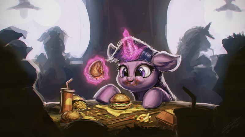 Size: 1920x1080 | Tagged: safe, artist:assasinmonkey, derpibooru import, twilight sparkle, twilight sparkle (alicorn), alicorn, pony, twilight time, :t, adorkable, burger, cute, dork, drink, eating, female, floppy ears, food, french fries, hay burger, hay fries, magic, mare, messy, messy eating, onion horseshoes, puffy cheeks, scene interpretation, silhouette, smiling, solo focus, table, telekinesis, that pony sure does love burgers, twiabetes, twilight burgkle, twilight slobble, wallpaper