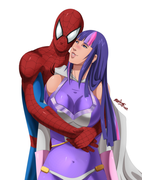 Size: 795x1005 | Tagged: amethyst sorceress, artist:mario-reg, belly button, bodysuit, breasts, cleavage, crossover, crossover shipping, derpibooru import, female, hug, human, humanized, light skin, male, marvel, peter parker, safe, shipping, simple background, smiling, spider-man, spiders and magic: rise of spider-mane, spidertwi, standing, straight, superhero, transparent background, twilight sparkle