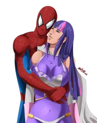 Size: 795x1005 | Tagged: amethyst sorceress, artist:mario-reg, belly button, bodysuit, breasts, cleavage, crossover, crossover shipping, derpibooru import, female, hug, human, humanized, light skin, male, marvel, peter parker, safe, shipping, simple background, smiling, spider-man, spiders and magic: rise of spider-mane, spidertwi, standing, straight, superhero, transparent background, twilight sparkle