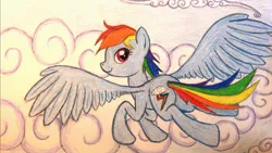 Size: 1024x576 | Tagged: artist:thefriendlyelephant, cloud, cloudy, cutie mark, derpibooru import, flying, rainbow dash, safe, smiling, solo, traditional art, wings