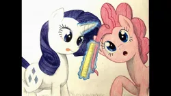 Size: 1191x670 | Tagged: safe, artist:thefriendlyelephant, derpibooru import, pinkie pie, rarity, duo, ruler, traditional art