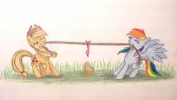 Size: 1024x576 | Tagged: applejack, artist:thefriendlyelephant, cider, colored pencil drawing, derpibooru import, duo, eyes closed, gritted teeth, mouth hold, mug, pulling, rainbow dash, raised hoof, rope, safe, spread wings, struggling, traditional art, tug of war