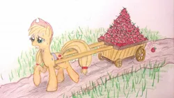 Size: 1191x670 | Tagged: apple, applejack, artist:thefriendlyelephant, cart, cowboy hat, derpibooru import, hat, pulling, safe, solo, struggling, sweat, traditional art, wagon, working