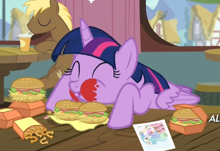 Size: 764x526 | Tagged: safe, derpibooru import, edit, screencap, coco crusoe, princess celestia, twilight sparkle, twilight sparkle (alicorn), alicorn, pony, twilight time, adorkable, animated, burger, cakelestia, cute, dork, eating, female, food, happy, hay burger, ketchup, loop, mare, messy, messy eating, onion horseshoes, overeating, puffy cheeks, table, this will end in weight gain, twiabetes, twilight burgkle, twilight slobble, when you see it