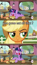 Size: 577x997 | Tagged: safe, derpibooru import, screencap, applejack, coco crusoe, twilight sparkle, twilight sparkle (alicorn), alicorn, pony, twilight time, eating twilight, fast food, female, hay burger, image macro, mare, meme, that pony sure does love burgers, twilight burgkle, unconvinced applejack