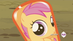 Size: 640x360 | Tagged: safe, derpibooru import, edit, edited screencap, screencap, scootaloo, twilight sparkle, twilight sparkle (alicorn), alicorn, pony, twilight time, animated, female, grin, hi girls, hub logo, mare, mirror, shiny hoof, smiling, talking, this will end in jail time, twilight is a foal fiddler