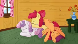 Size: 1920x1080 | Tagged: apple bloom, artist:earth-sea-sky, cuddle puddle, cuddling, cute, cutie mark crusaders, derpibooru import, eyes closed, messy mane, on back, open mouth, pony pile, prone, safe, scootaloo, sleeping, smiling, snuggling, sweetie belle, tired