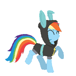 Size: 300x300 | Tagged: safe, artist:tomdantherock, derpibooru import, rainbow dash, pegasus, pony, animated, bunny ears, clothes, costume, cute, dancing, dangerous mission outfit, dashabetes, eyes closed, female, happy, hoodie, mare, pixel art, raised hoof, simple background, smiling, solo, transparent background