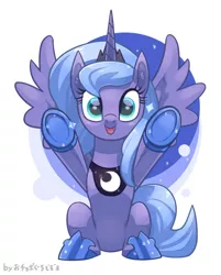 Size: 402x500 | Tagged: dead source, safe, artist:boguti, derpibooru import, princess luna, alicorn, pony, cute, female, hoof shoes, hug request, jewelry, looking at you, lunabetes, open mouth, peytral, pixiv, regalia, s1 luna, smiling, solo, spread wings, wings
