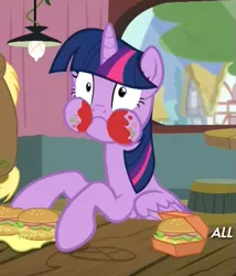 Size: 471x550 | Tagged: safe, derpibooru import, edit, screencap, coco crusoe, twilight sparkle, twilight sparkle (alicorn), alicorn, pony, twilight time, female, hay burger, inverted mouth, ketchup, mare, messy, messy eating, puffy cheeks, realization, solo, that pony sure does love burgers, twilight burgkle, twilight slobble, wide eyes