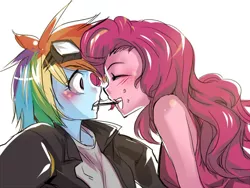 Size: 800x600 | Tagged: safe, artist:bakki, derpibooru import, pinkie pie, rainbow dash, equestria girls, blushing, female, goggles, humanized, lesbian, mouth hold, pinkiedash, pocky, pocky game, pony coloring, shipping, surprised