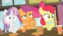 Size: 1214x692 | Tagged: apple bloom, cutie mark crusaders, derpibooru import, duckface, edit, fast food, goldengrape, restaurant, safe, scootaloo, screencap, sir colton vines iii, sweetie belle, twilight time