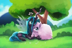 Size: 1500x1000 | Tagged: safe, artist:tsaoshin, derpibooru import, queen chrysalis, oc, oc:fluffle puff, changeling, changeling queen, :p, blushing, canon x oc, chrysipuff, cuddling, cute, cutealis, female, grass, heart, holding hooves, lesbian, lidded eyes, outdoors, prone, shipping, smiling, snuggling, tongue out, tree